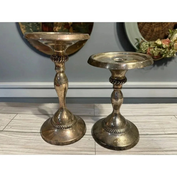 Set of silver plated Pottery Barn Candlestick holders Aged Patina - Picture 1 of 13